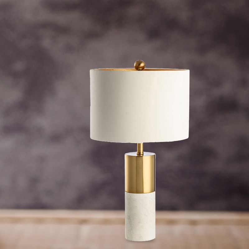 Metal Drum Shade Table Lamp with Marble Base Modern Style 1 Light White Table Lighting for Bedroom