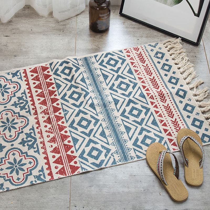 Blue Bohemian Area Rug Cotton Americana Pattern Carpet Fringe Indoor Rug for Bedroom