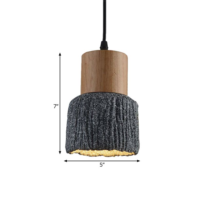 Antiqued Cup-Shape Ceiling Light 1 Head Cement Hanging Pendant Lamp in Silver/Black/Bronze and Wood