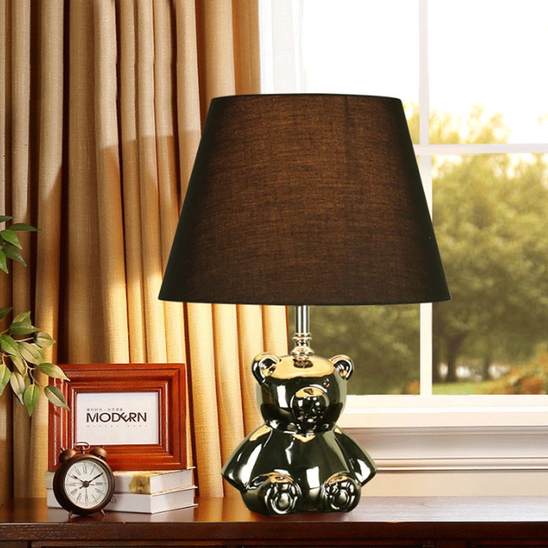 Ceramic Silver/Gold Night Lighting Bear 1 Head Countryside Table Light with Tapered Drum Fabric Shade