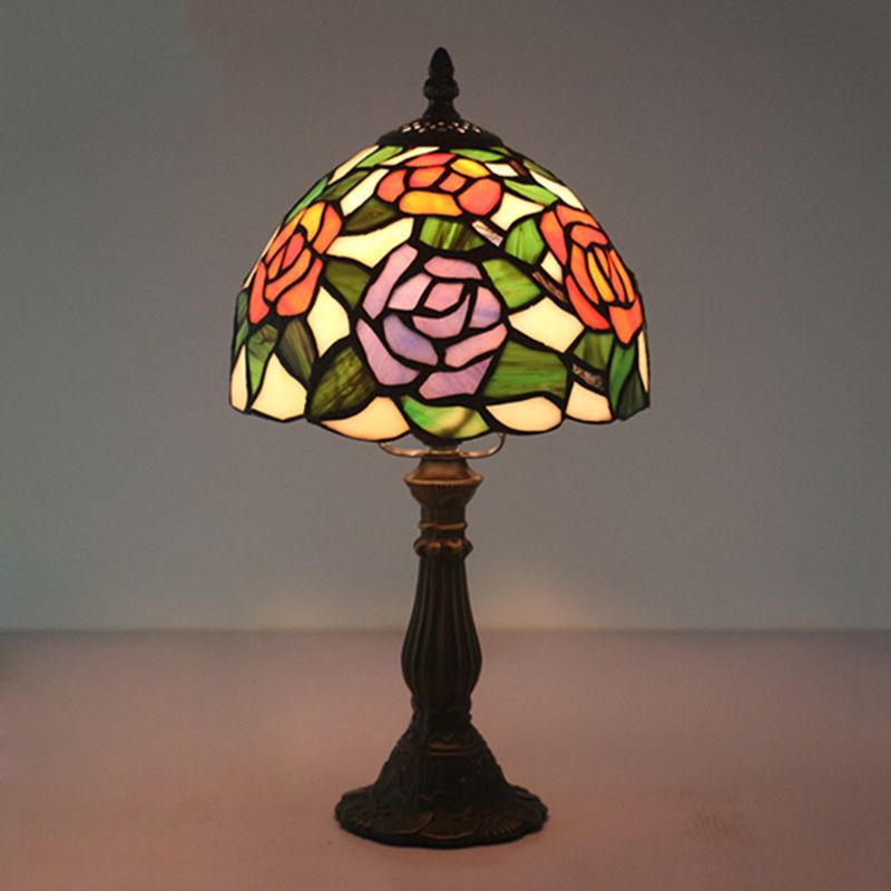 Pink/Purple and Pink Rose Night Lamp Victorian 1 Light Stained Art Glass Table Lighting with Dome Shade