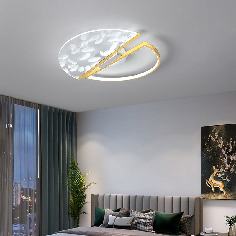 Round Shape LED Feather Ceiling Lamp Modern Iron 2 Lights Flush Mount for Study