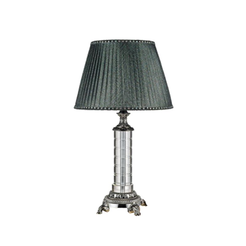 Pleated Fabric Table Lamp Modern 1 Head Green Desk Light with Carved Bronze Metal Base