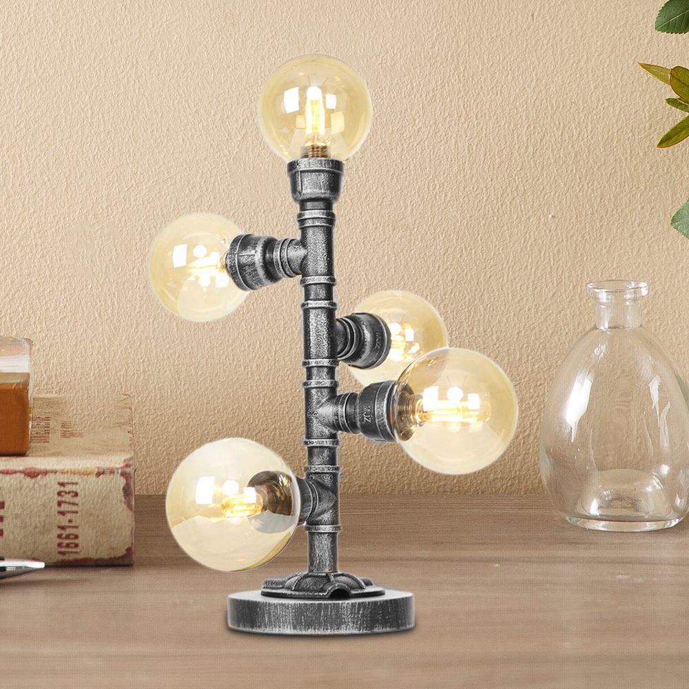 Antique Silver Globe Shade Desk Light Industrial Clear/Amber Glass 3/5-Light Living Room Task Lamp