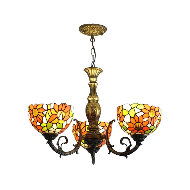 3/5/6 Lights Sunflower Kitchen Hanging Light Stained Glass Rustic Tiffany Chandelier with Inverted Shade in Orange