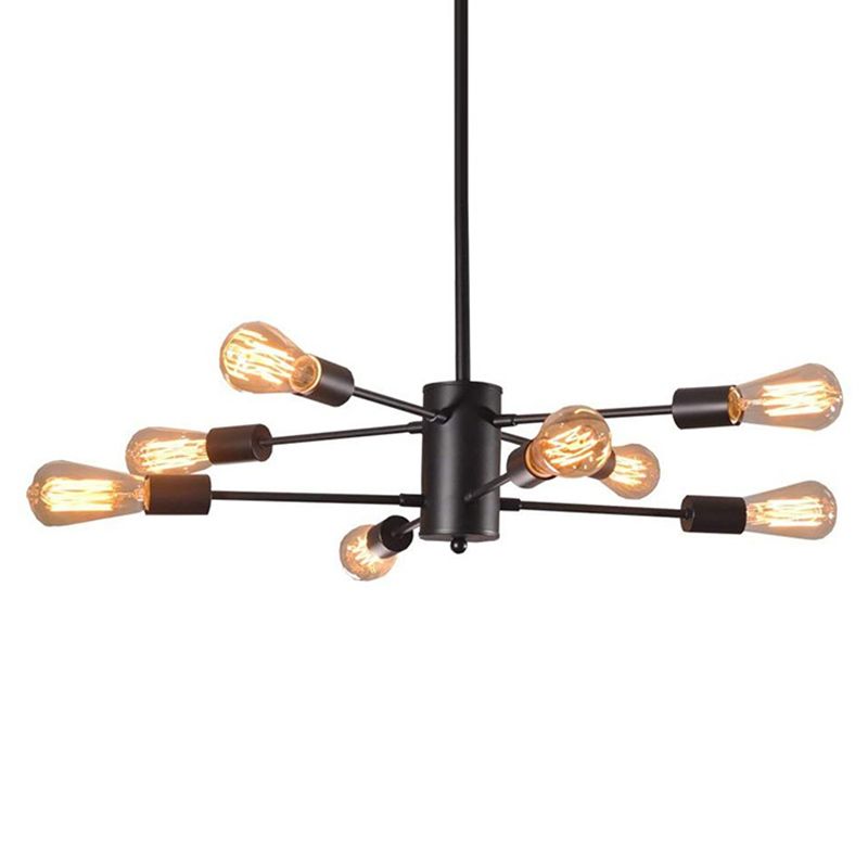 8 Lights Industrial Style Bare Bulbs Chandelier Black Straight Bar Iron Hanging Light with 39.3" Adjustable Lamp Rods