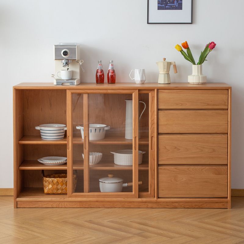 Modern Brown Glass Doors Sideboard Solid Wood Buffet Table with 4 Drawers