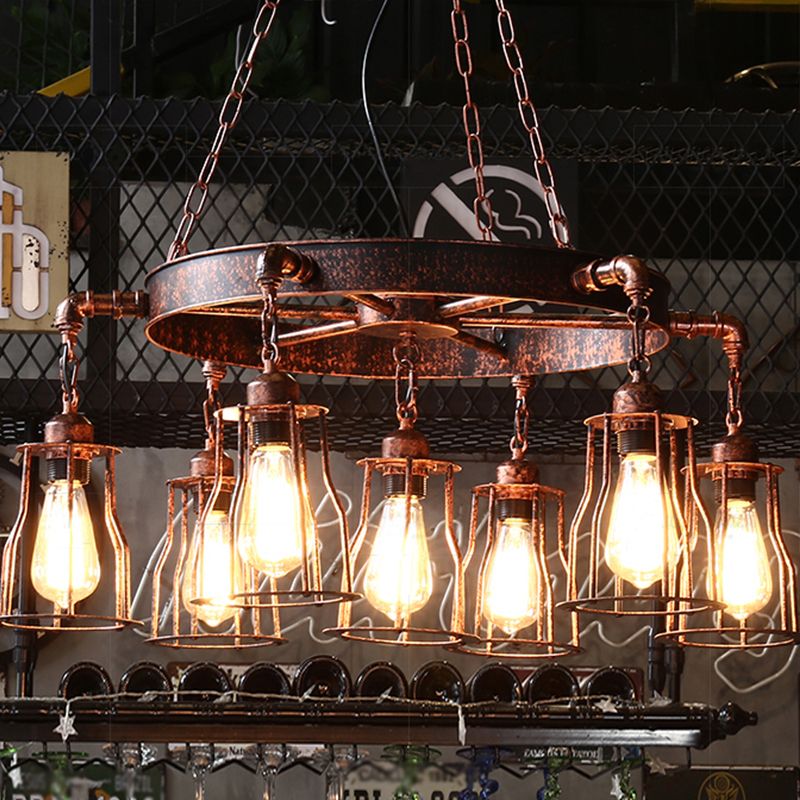 Dark Rust 7 Lights Pendant Light Farmhouse Wrought Iron Bell Cage Hanging Chandelier Lamp with Wheel Design