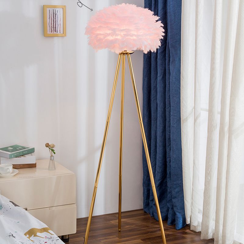 Dome Feather Floor Lamp Minimalist Single Grey/White/Pink Floor Light with Black/White/Gold Tripod for Bedroom