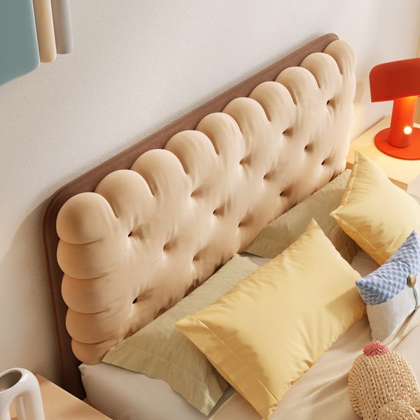 Brown Upholstered Bed Frame Modern Cookie Shaped Heaboard Standard Bed