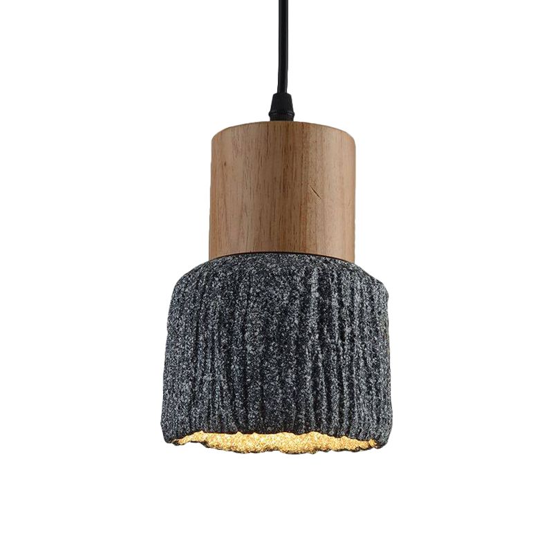 Antiqued Cup-Shape Ceiling Light 1 Head Cement Hanging Pendant Lamp in Silver/Black/Bronze and Wood