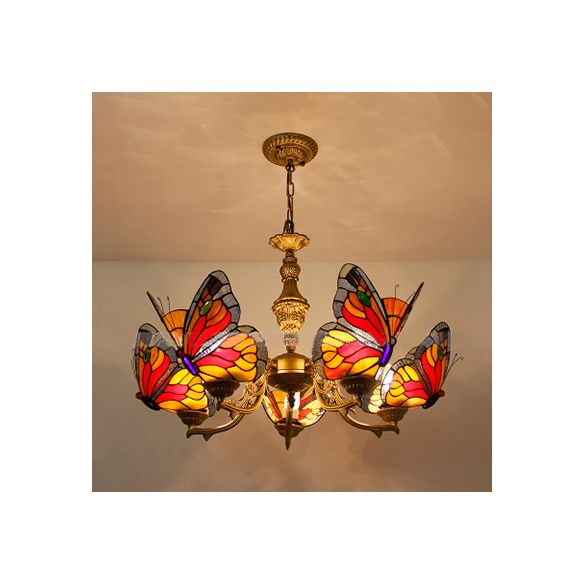 Loft Style Butterfly Ceiling Light Fixture with Adjustable Chain Stained Glass Foyer Pendant Light in White/Red/Blue/Orange-Green