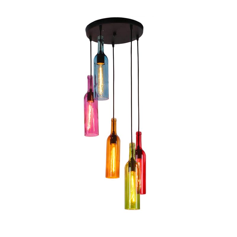 Glass Wine Bottle Hanging Light Industrial 3/5-Head Restaurant Ceiling Pendant Lamp with Round/Linear Canopy in Black