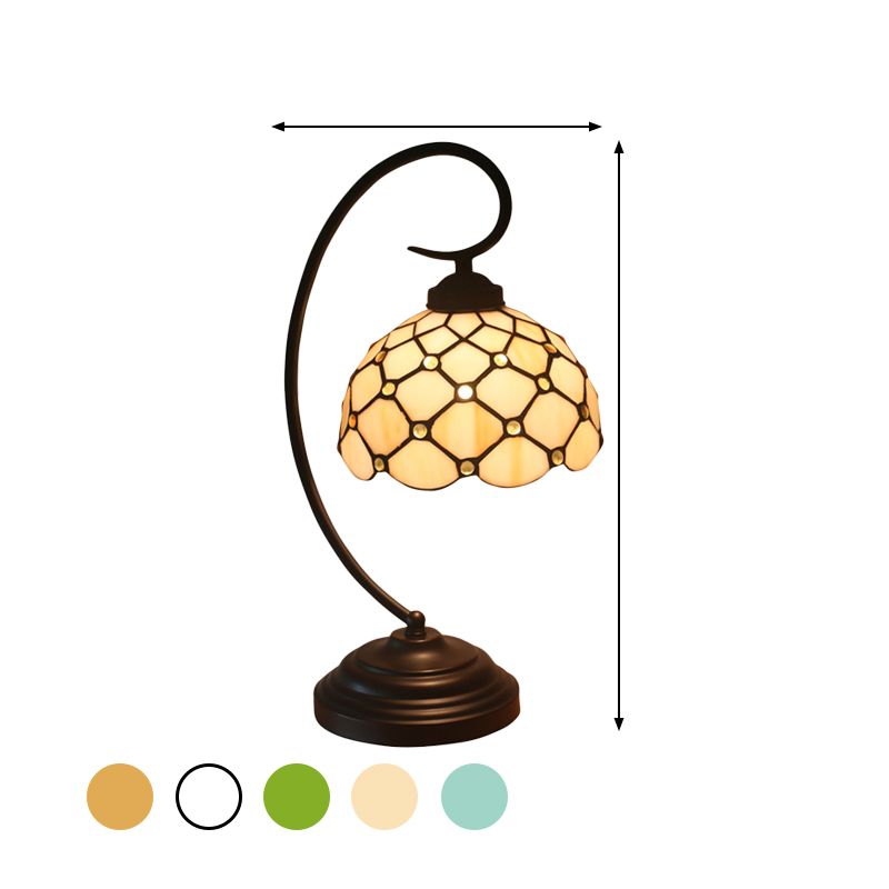 Lámpara de mesa nocturna del tazón de bronce tiffany 1 cabeza beige/vidrio blanco transparente/azul/verdes luz de escritorio con cuentas con brazo de remolino