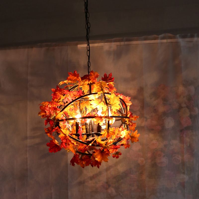 4 Heads Hanging Chandelier Vintage Globe Cage Pendant Light Kit with Red Maple Leaf Deco