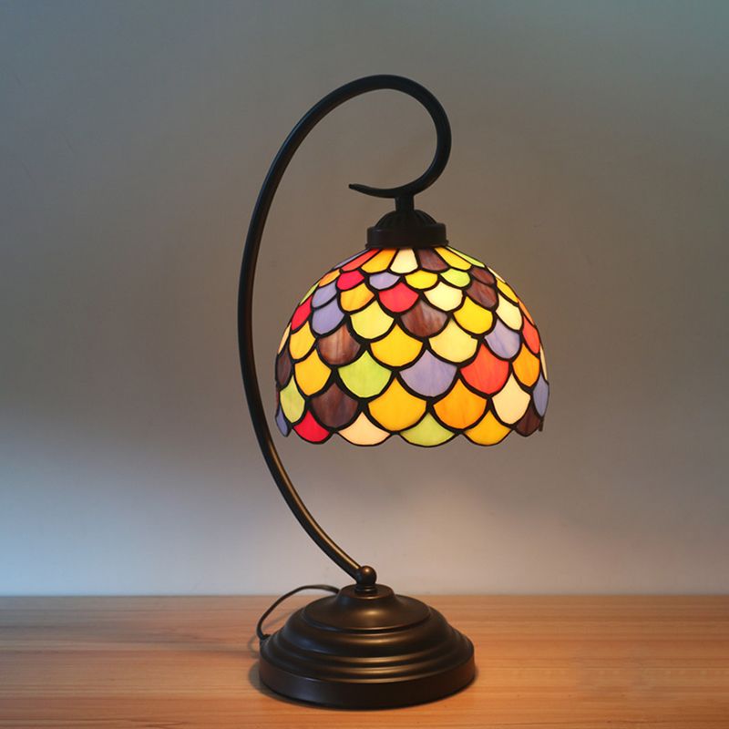 Bronze Dome Shaped Night Table Light Tiffany 1 Light Stained Glass Nightstand Lamp with Fishscale Pattern