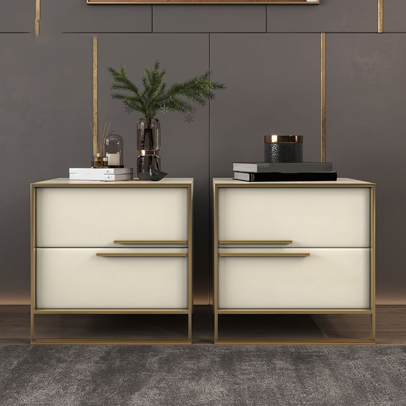 Leather Nightstand with Metal Legs Glam Night Table with Drawers