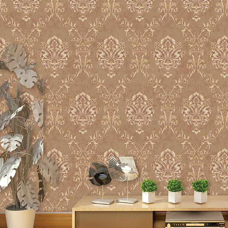 Brown Floral Wallpaper Roll Moisture Resistant Antique Dining Room Wall Covering