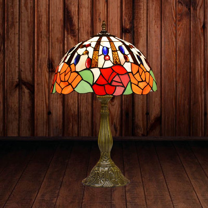 Victorian Style Flower Table Lamp 1 Head Red/Orange Stained Glass Nightstand Light for Bedroom