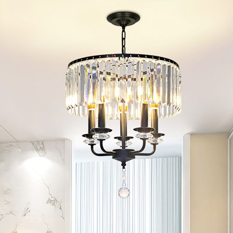 Clear Crystal Block Chandelier Lamp with Drum Shade Modernist 5 Lights Suspension Light in Black