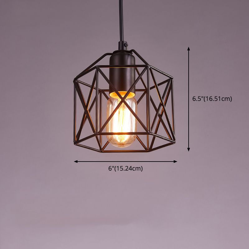 Small Cage Metal Hanging Lamp Loft Style 1 Bulb Dinner Pendant Lighting in Black