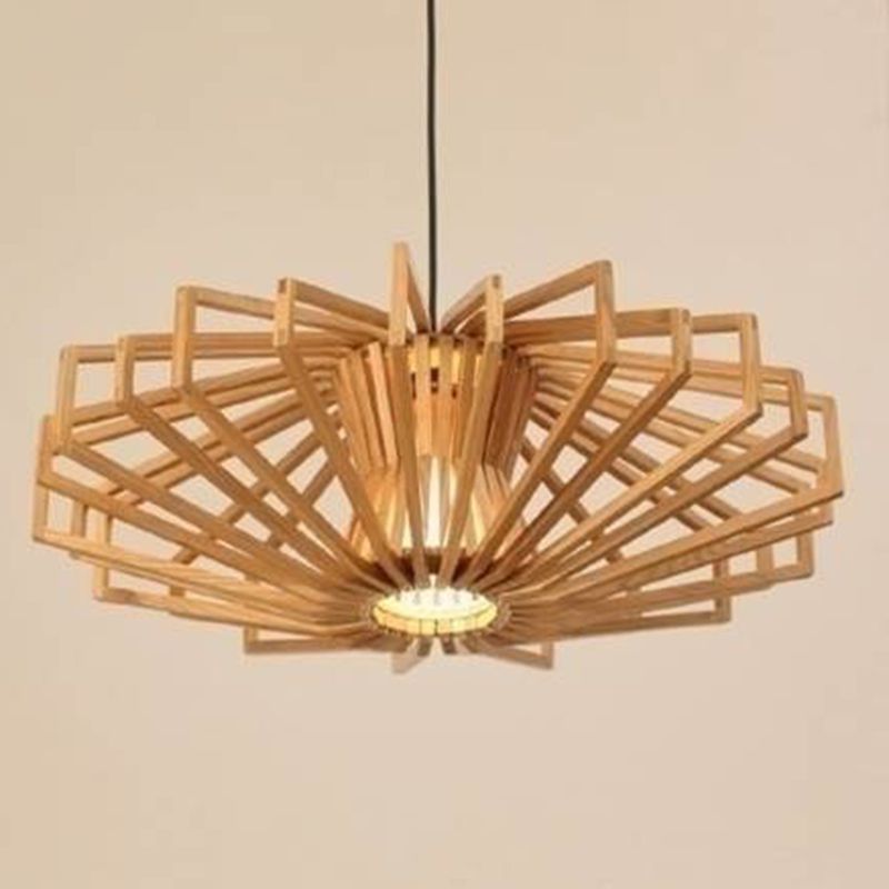 Beige Wood Shade Pendant Lighting New Chinese 1 Light Pumpkin Restaurant Hanging Lamp