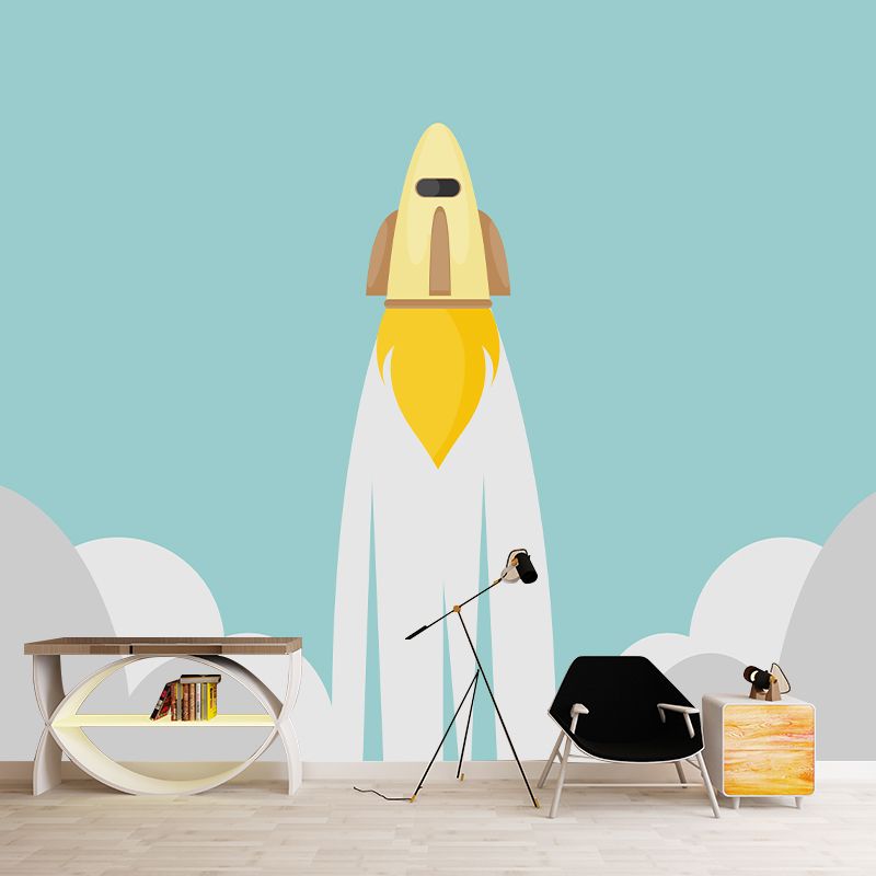 Rocket Launching Mural Wallpaper Creative Wall Covering for Kids Nursery Bedroom