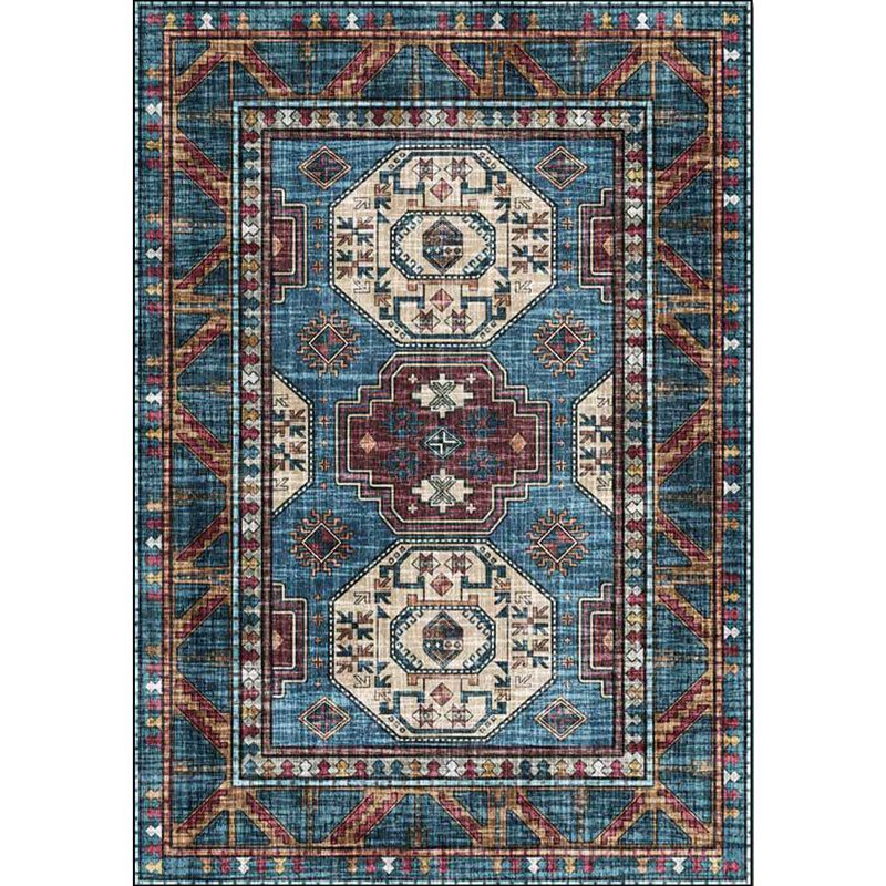 Tapis de motif médaillon marocain tapis en polyester bleu machine lavable non glissée tapis pour le salon