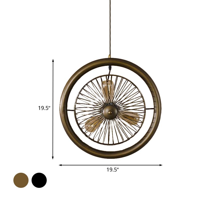 Brass/Black Finish Circle Cage Light Fixture Farmhouse Metal 3 Lights Kitchen Hanging Lamp with Fan Design