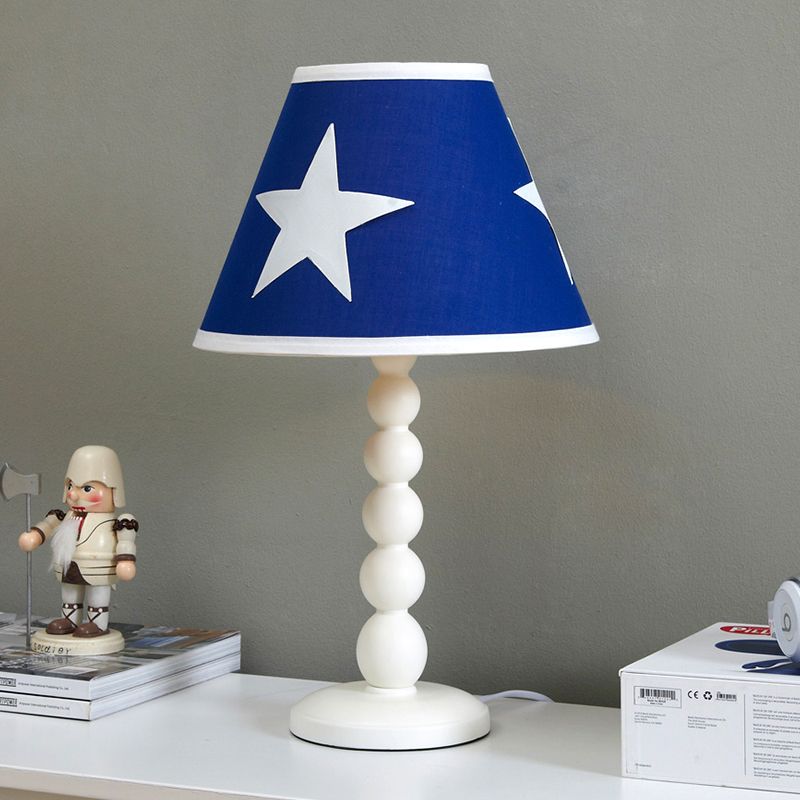 Modern Barrel Bedroom Night Table Light Wood 1 Head Bedroom Desk Lighting with Fabric Shade in Blue