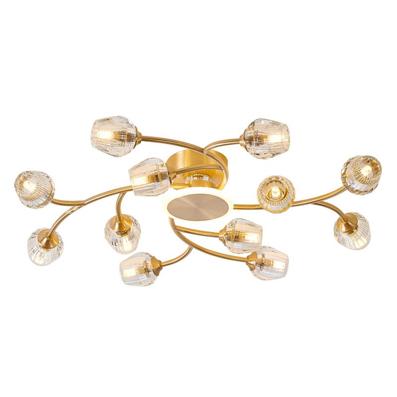 Copper Multi-head Semi Flush Mounted Ceiling Led Lights Glass Shade Modern Radial Metal Semi Flush Light