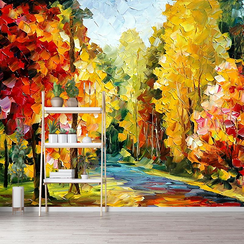 Autumn Forest Path Scenery Murals Countryside Smooth Wall Covering in Orange-Yellow