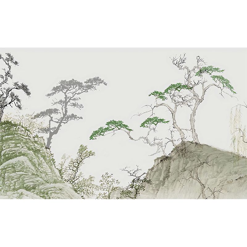 Green Pine Tree Mural Wallpaper Stain-Resistant Wall Covering for Guest Room Decoration