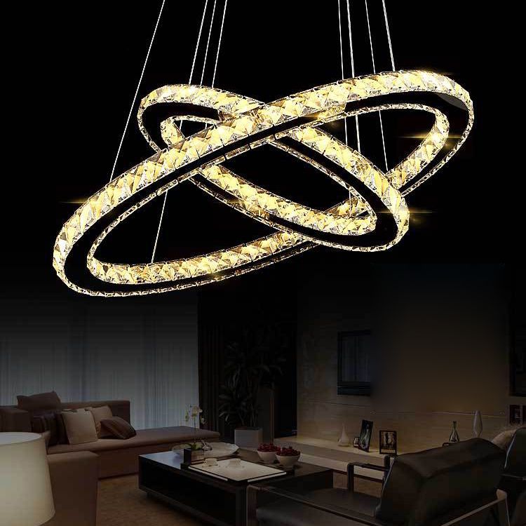 Stainless-Steel Silver LED Pendant Light in Modern Luxury Style Circular Ceiling Light with Crystal Shade