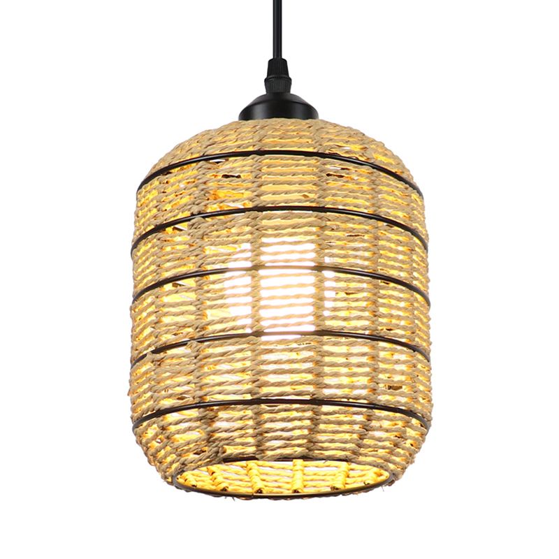 Lantern Suspension Pendant Asian Woven Rattan Single Light Beige Pendant Lamp for Bedroom