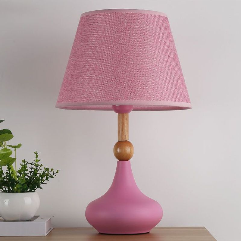 Barrel Task Lighting Macaron Fabric 1 Head Grey/Pink/Blue Night Table Light with Metallic Vase Base