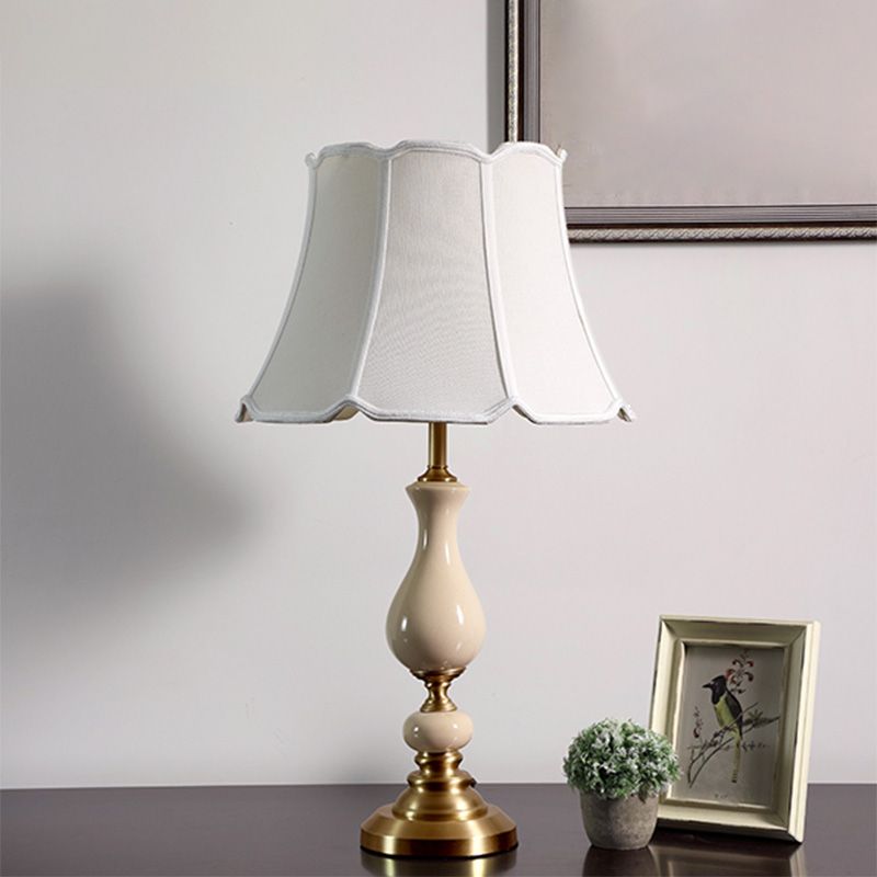 Traditional Style Paneled Bell Shaped Desk Light 1-Light Fabric Nightstand Lamp for Bedside