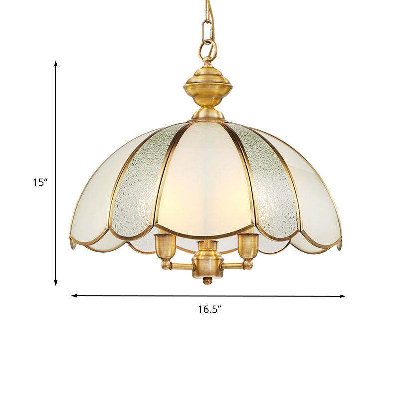 3 Bulbs Bowl Ceiling Chandelier Colonial Frosted Glass Suspended Lighting Fixture in Brass