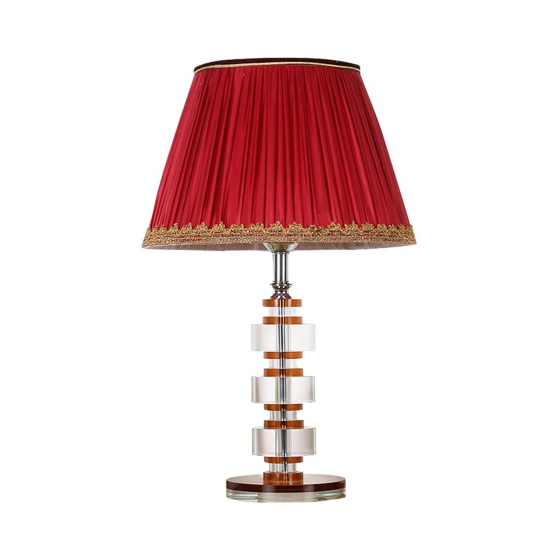 1 Light Fabric Table Lamp Simple Red Tapered Drum Bedroom Nightstand Light with Crystal Accent