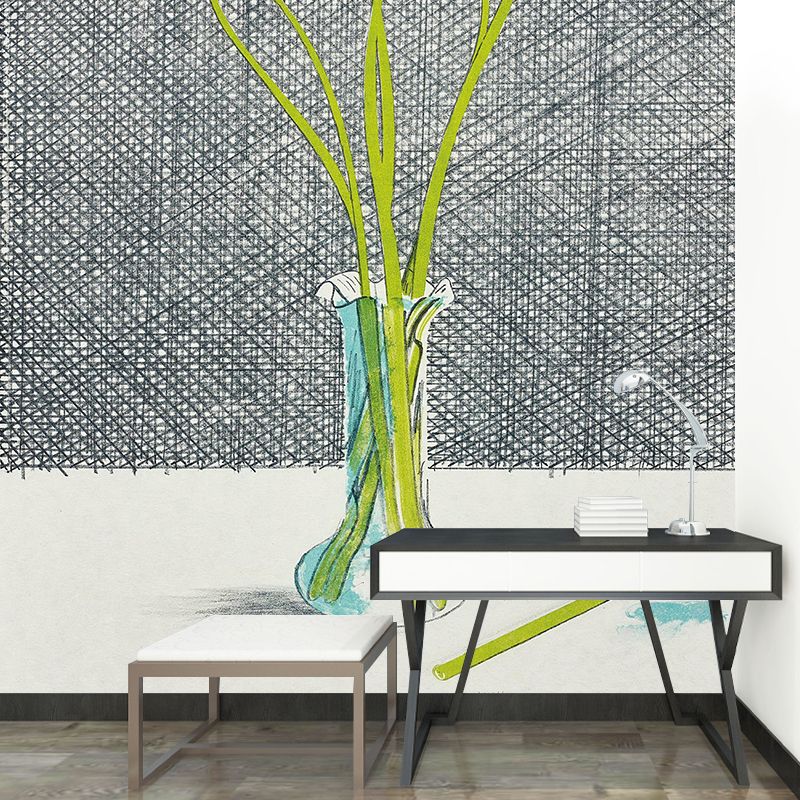 Artistry Lilies Still Life Murals for Bedroom Personalized Wall Covering in Green on Grey