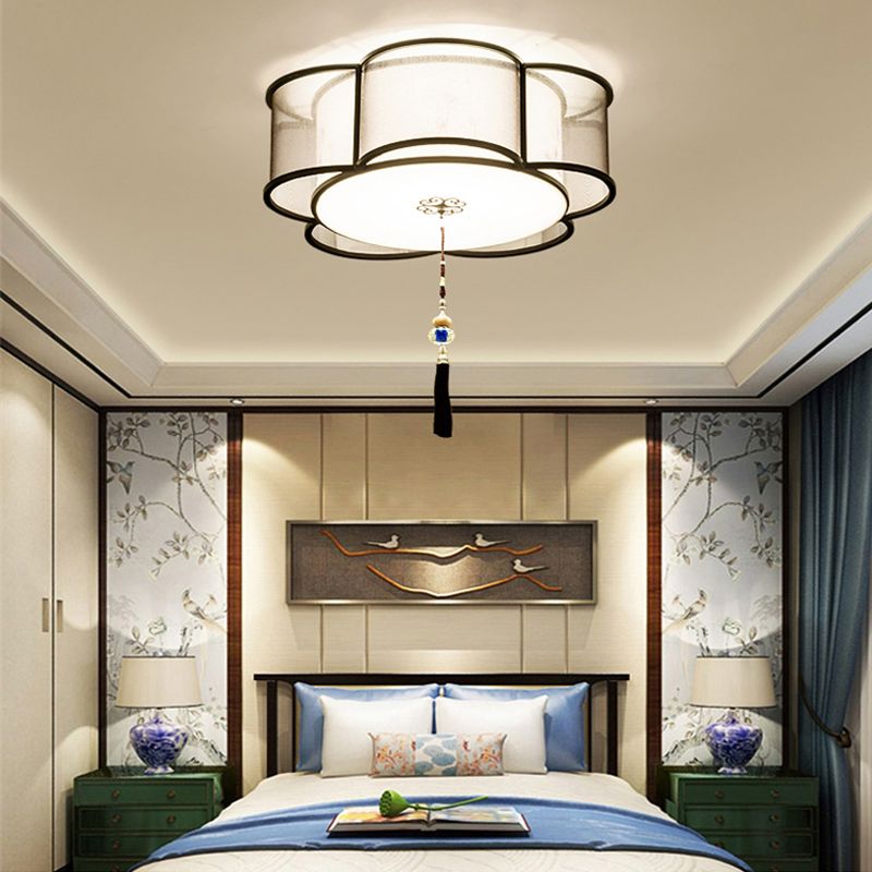 New Chinese Style Ceiling Light Geometry Shape Ceiling Lamp with Fabric Shade for Bedroom