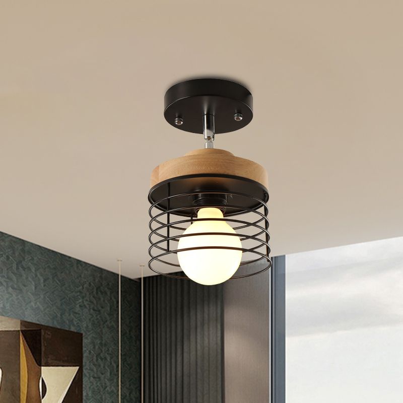 Iron Drum Cage Flush Ceiling Light Rotatable 1 Light Simple Stylish Ceiling Lamp for Balcony