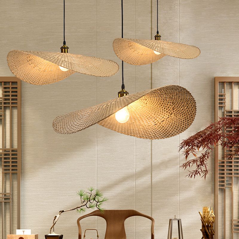 Paille beige Forme de la forme de suspension de la lampe suspendue asiatique 1-Light Bamboo Plafond Pendant Light pour table à manger