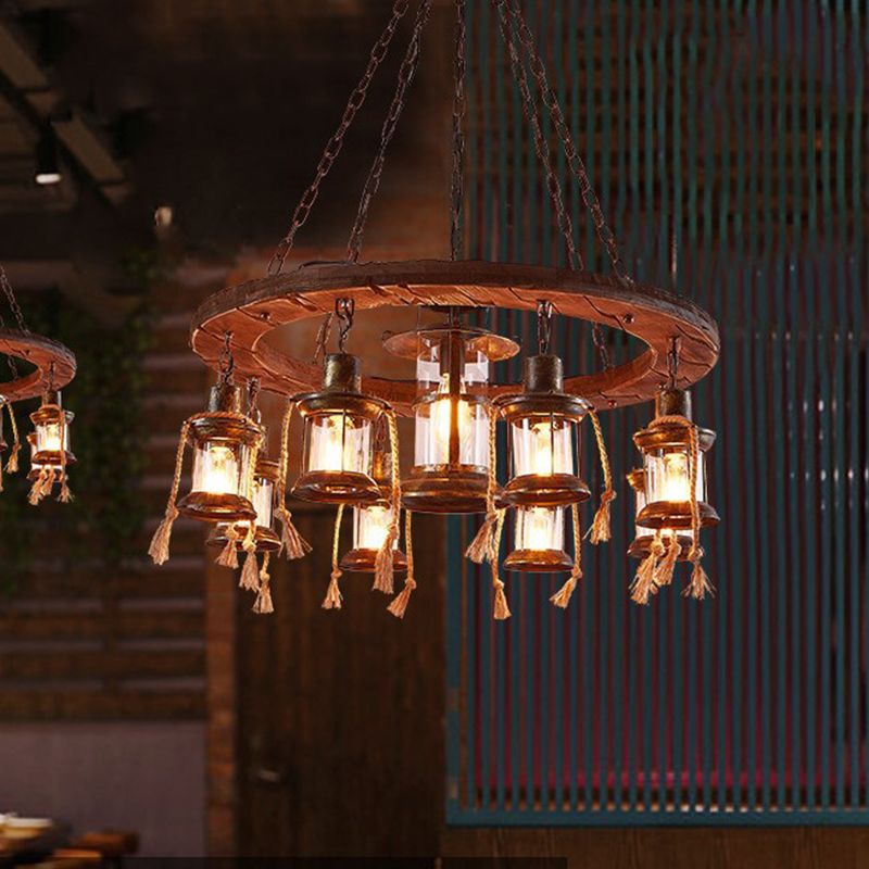 9 Lichter Kronleuchter Beleuchtung Lantern rustikaler brauner Metallleuchte für Restaurant mit Holzring -Deco