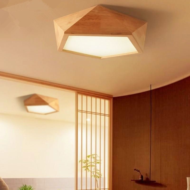 Wood Geometric Shape Flush Ceiling Light Modern 1 Light Flush Mount Light Fixture in Brown