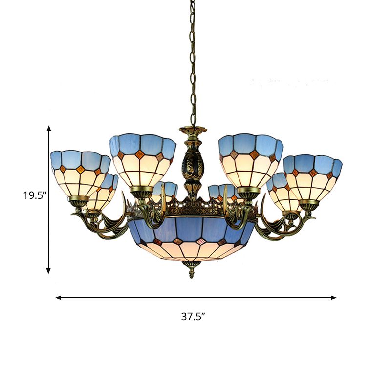 Bowl Shaped Chandelier Lighting Mediterranean Cut Glass 11 Lights Blue Hanging Ceiling Light