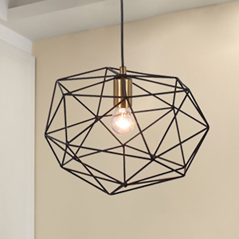 Black Wire Cage Pendant Lamp Vintage Style 1 Light Metallic Hanging Light Fixture for Dining Room, 12.5"/15" Width