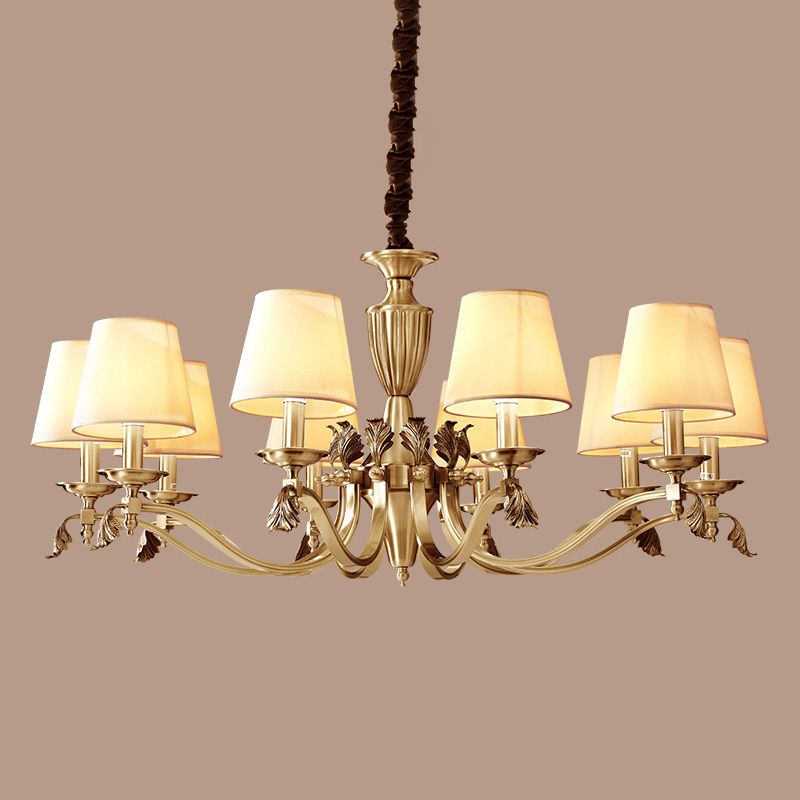 Éclairage de plafond en laiton Candelabra Light Dysware de lustre métallique moderne avec nuance de tissu conique