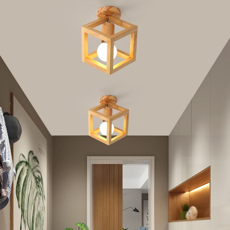 Wood Geometric Shade Flush Ceiling Light Modern Style 1 Light Flush Mount Fixture in Brown