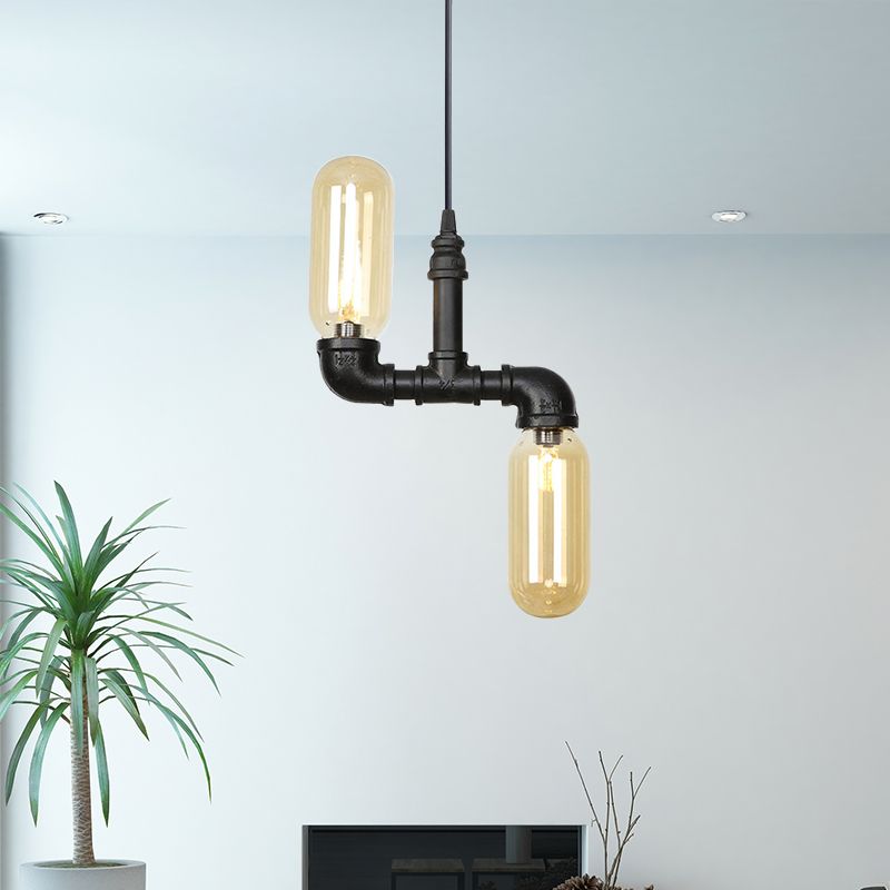 Bernsteinglas Schwarz Suspension Light Pill Capsule 2-leichte industrielle LED-Kronleuchter-Anhängerlampe